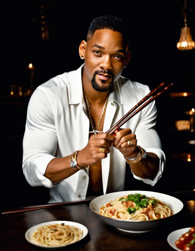 35834-4-very dark focused flash photo of extremely handsome Will Smith holding a pair of chopsticks with a bowl of spaghetti in the dark.png